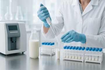 Laboratory scene with scientist testing milk samples in food science research © dvoevnore