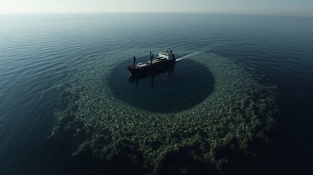 Large ship sailing through a circular, shallow, aquatic ecosystem.  Small figures are visible on the ship's upper deck.  The water is calm and the ecosystem is teeming with life