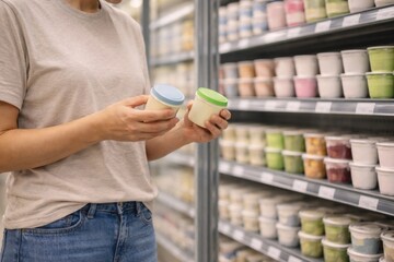 Woman shopping in grocery store examining yogurt containers, healthy food concept © dvoevnore