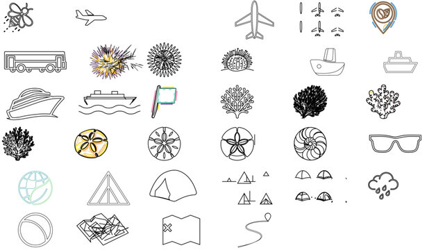 Travel and Tourism 4 vector icon set, single EPS with 34 minimalist symbols: cruises, flights, hotel, bus, eco globe, camping tents, seashells, corals, cactus, sunburst, weather and festival graphics