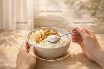 Icelandic dairy yogurt in bowl with fruit and nuts, healthy lifestyle concept © dvoevnore
