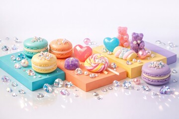 Colorful macarons and lollipops with rhinestones on pastel background, crystalcore © dvoevnore