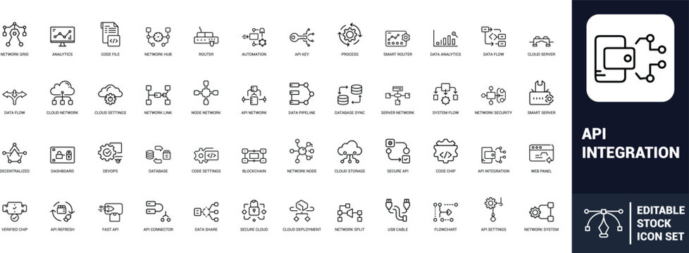 API integration line art icons set network grid, analytics, code file, network hub, router, automation, api key, process, smart router, data analytics, Web icon, App icon, Outline icon, Editable strok