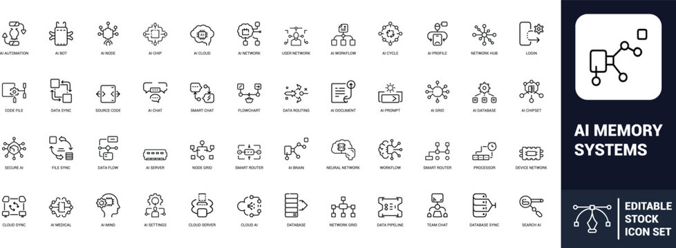 AI memory systems line art icons set ai automation, ai bot, ai chip, ai cloud, ai network, neural network, ai brain, ai server, Web icon, App icon, Outline icon, Editable stroke, line art, Vector EPS