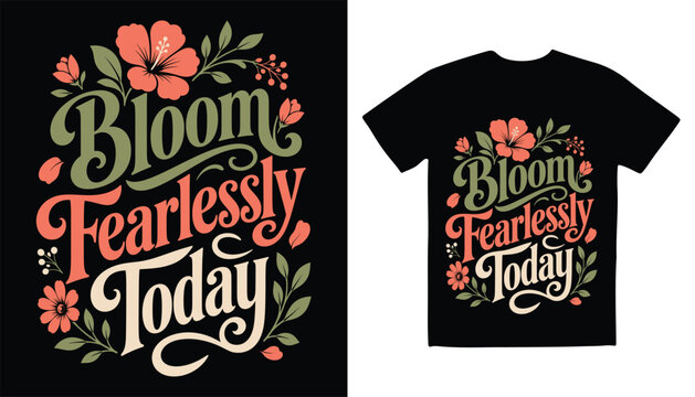 Bloom fearlessly today botanical typography t-shirt design floral nature apparel