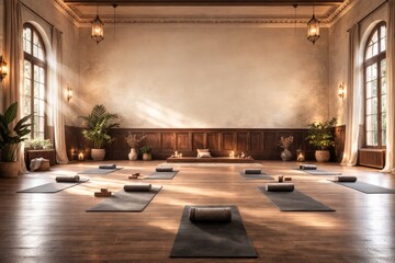 Yoga studio with mats and props set for a wellness class, tranquil ambiance © dvoevnore