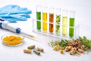 Herbal supplements testing with colorful liquids in laboratory setting, copy space © dvoevnore