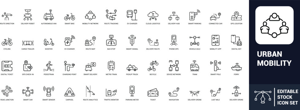 Urban mobility line art icons set smart car, delivery robot, autonomous van, EV charger, GPS location, route tracking, smart parking, bicycle, Web icon, App icon, Outline icon, Editable stroke, line a