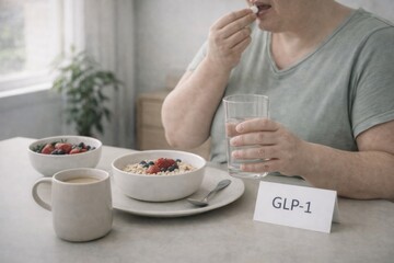 GLP-1 treatment illustration showing person taking medication with breakfast © dvoevnore
