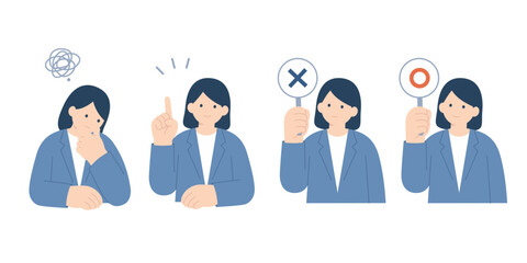 悩み・閃き・バツ＆マルを掲示する女性会社員のベクターイラストセット  © NemuNemu