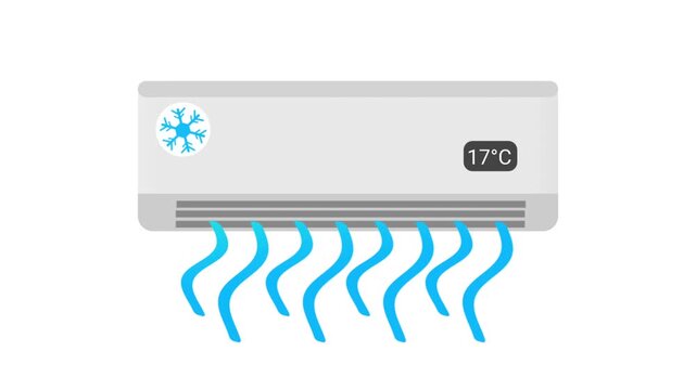 An indoor air conditioner icon blows wavy blue cold wind lines, switching from a white background to a chroma key green screen.