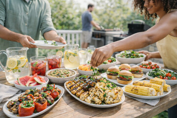 Outdoor courtyard backyard vegan bbq party food arranged on wooden table © dvoevnore