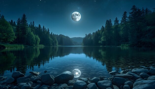 Serene landscape of a calm lake reflecting the bright full moon surrounded by pine forest at night