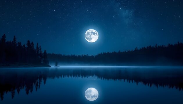 Perfect symmetrical reflection of a bright full moon in a calm misty lake with pine tree forest silhouette at night