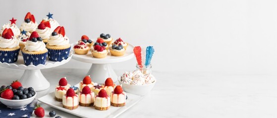 USA independence anniversary dessert banner with red white blue cupcakes, berry pastries, stars, sprinkles, copy space, patriotic sale background for 250th celebration marketing and social media © dvoevnore