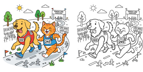Naklejka premium Cartoon Cat and Dog Running a Marathon Race