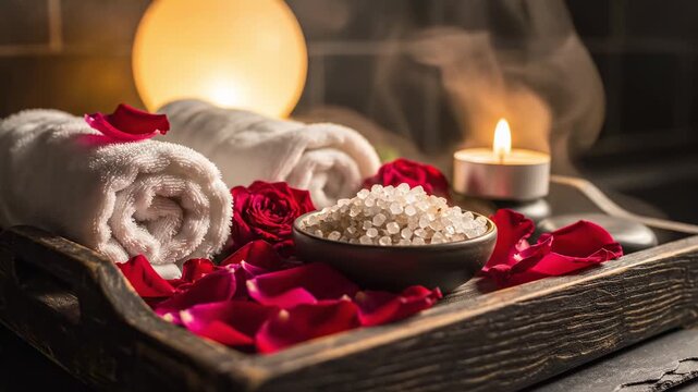 Rolled towels, rose petals, candle, salt bowl on wooden tray in warm light. Spa focus builds soothing ambience, day retreat feel and pampering ritual for hotel promotions, massage menus