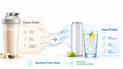 Clear protein drink contrasted with classic shake in marketing banner © dvoevnore