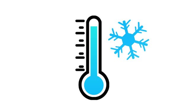 A blue thermometer icon indicating low temperatures stands beside a spinning winter snowflake on a white background.