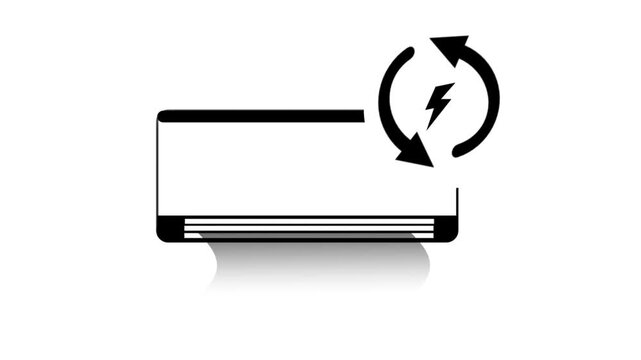 A black-and-white air conditioner icon features rotating circular arrows and a lightning bolt symbol representing energy efficiency.