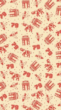 79th Indian Independence Day. Vertical loop of a seamless pattern showing red Indian icons, elephants, maps, and the number 79 on a cream background. Ideal for 15th August mobile screens, social media