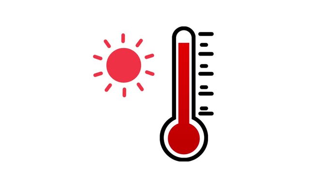 An animated red thermometer showing high degrees sits next to a spinning sun symbol over a clear white background.