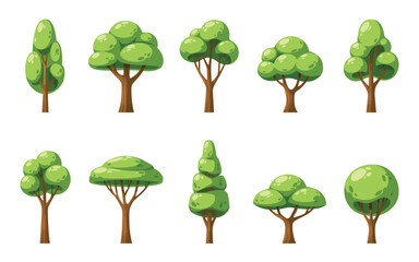 Cartoon green tree collection, set of 10 organic nature icons in flat vector style, lush forest vegetation for game design and landscape maps © InfinoArt
