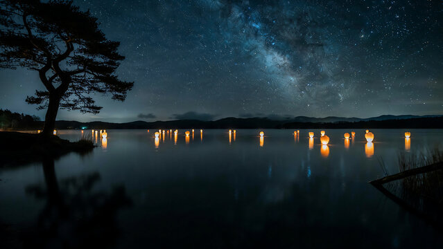 Night lake scene with floating lanterns and milky way galaxy above, lanterns