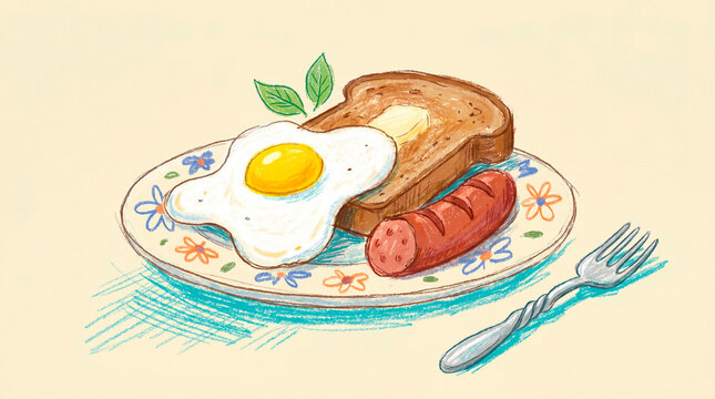Sketch drawing of breakfast with fried egg sunny side up, buttered toast, sausage on floral patterned plate, fork nearby, cream beige yellow background.