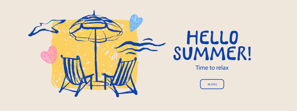 Italy Mediterranean coastal vacation banner with palms. Hand drawn sketch beach poster. Dolce vita summer vibe. Vintage summer crayon vector illustration