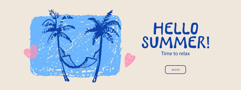 Italy Mediterranean coastal vacation banner with palms. Hand drawn sketch beach poster. Dolce vita summer vibe. Vintage summer crayon vector illustration