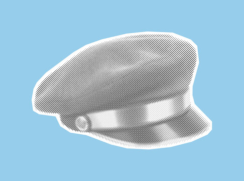 Captain's hat or peaked cap illustration in a vintage monochrome halftone style, a classic piece of headwear for a driver or skipper