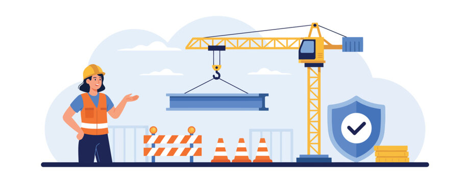 Female civil engineer wearing safety vest and helmet at construction site with crane and security shield symbol for protection and project management