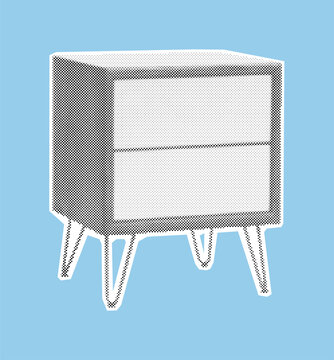 Bedside table with two drawers and hairpin legs, an iconic piece of mid-century modern furniture in a retro halftone illustration style