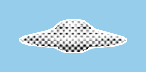 Flying saucer UFO illustration representing an alien spacecraft or extraterrestrial life, rendered in a vintage monochrome halftone pop art style © Mr. Stocker