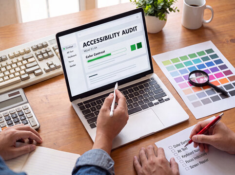 Website accessibility audit dashboard on laptop with color contrast checklist