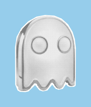 Ghost shaped cookie cutter for baking spooky Halloween cookies and biscuits, depicted in a vintage monochrome halftone illustration