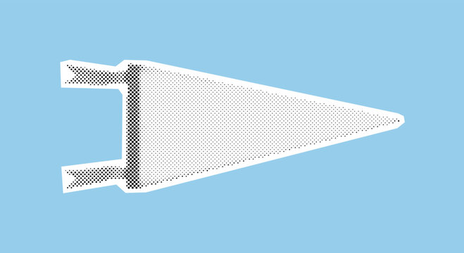 Triangular pennant flag, a blank classic souvenir for a sports team or college, rendered in a vintage pop art halftone illustration style with dotted shading
