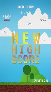 Vertical platformer arcade screen with pixel New High Score text over a sunny blue sky, fluffy clouds and grassy hills, retro gaming look for mobile app marketing