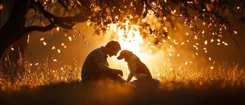 Man and dog, golden hour, connected