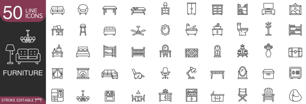 Furniture line icon set featuring fifty thin stroke outline vector symbols for interior design, home decor, and house renovation concepts.