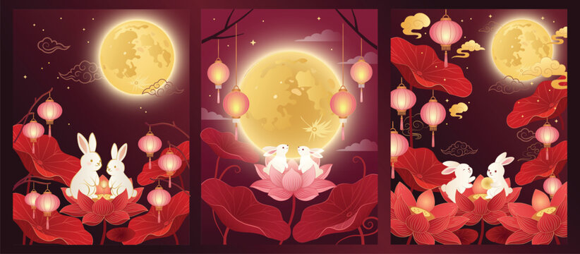Mid Autumn Festival poster with white rabbits sitting on pink lotus flowers under glowing full moon. Red burgundy background with hanging pink lanterns and traditional Asian elements.