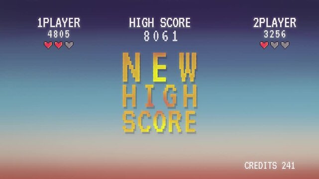 Horizontal retro arcade screen with pixel New High Score text and hearts on a warm sunset gradient, minimal nostalgic gaming style for trailers and tech promos