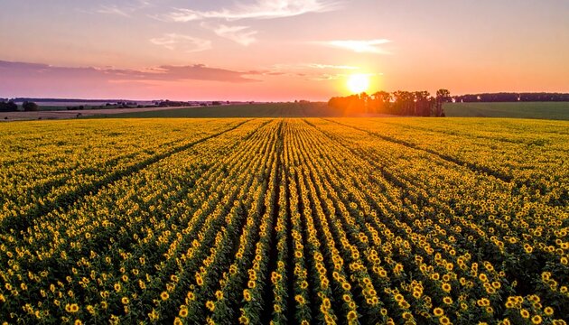 Golden hour sunrise over vast agricultural field with sun flare.