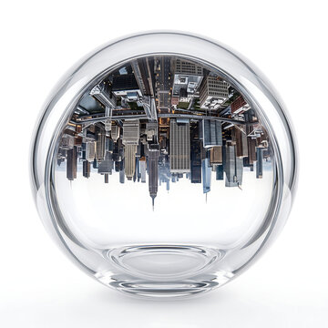 Cityscape Reflection in Sphere: A surreal depiction of a modern city's skyline, inverted and contained within a clear glass sphere, creating a unique perspective on urban life.