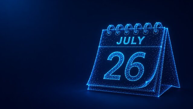 Neon blue wireframe desktop calendar displaying july 26 date with calendar technology futuristic abstract schedule planning business management deadline wireframe connectivity creative