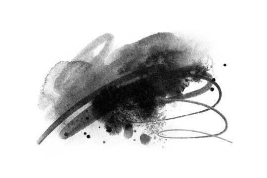 Abstract ink blob, grunge art. Black paint stroke texture in marble style. Wallpaper design. Hand drawn watercolor isolated illustration on transparent background
