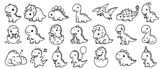 Cute Cartoon Baby Dinosaurs Outline Vector Illustration Banner. Line Art Character Set of Prehistoric Animals: T-Rex, Triceratops, and Pterodactyl for Kids Coloring Page © SYEDAALISHA