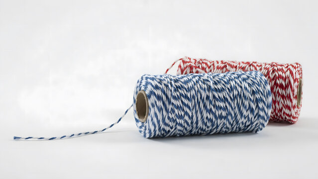 Two spools of colorful baker twine in blue and red on white background