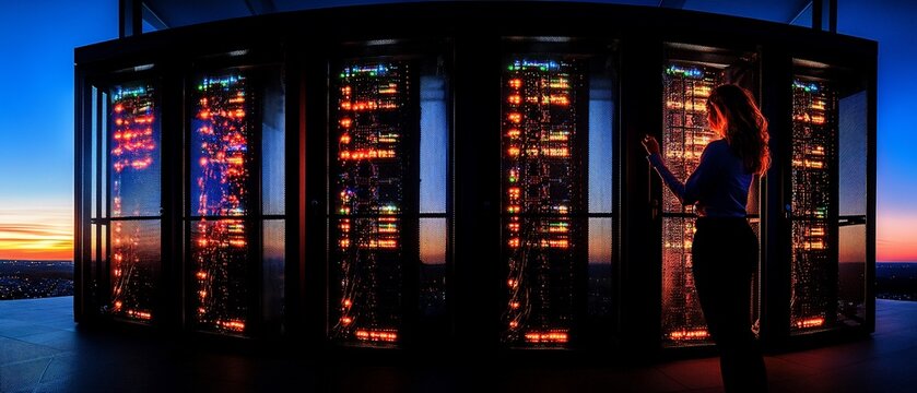 Massive server cluster at sunset.  A technician works among illuminated racks